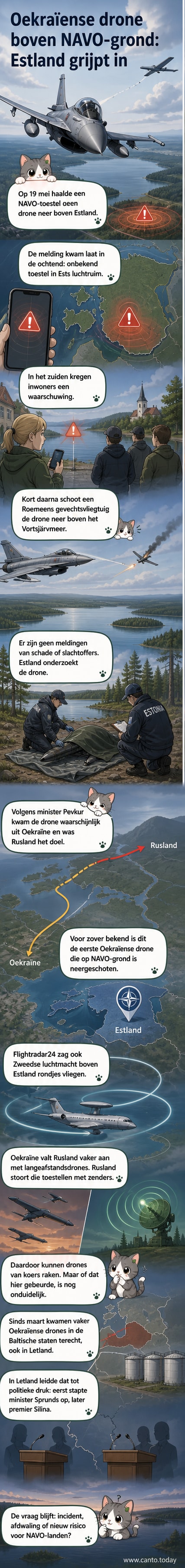 Illustratie van een gevechtsvliegtuig dat een drone neerschiet boven een meer in Estland, met NAVO-embleem en luchtwaaarschuwing voor inwoners.