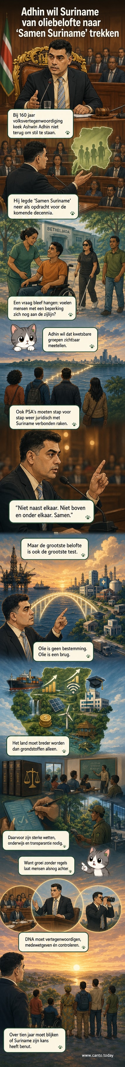 Illustratie van een brug boven een rivier, met aan de ene kant olieinstallaties en aan de andere kant een groene stad, mensen en onderwijsgebouwen, met de tekst ‘Samen Suriname’ erboven.