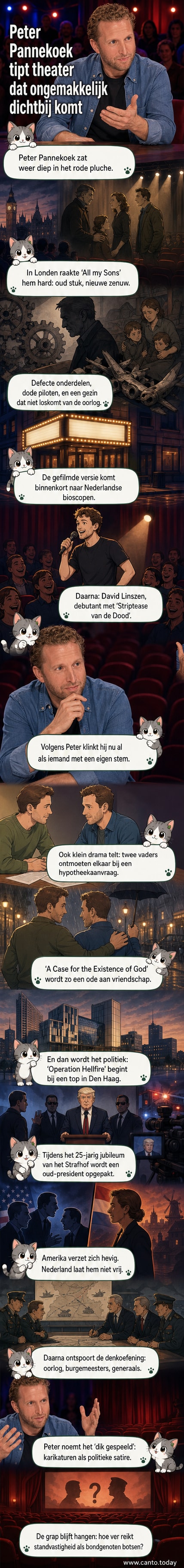 Illustratie van een theaterzaal met een podium waarop een ex-president wordt opgepakt, terwijl politici en generaals reageren. In de loge zit een toeschouwer met een lachend gezicht: Peter Pannekoek.