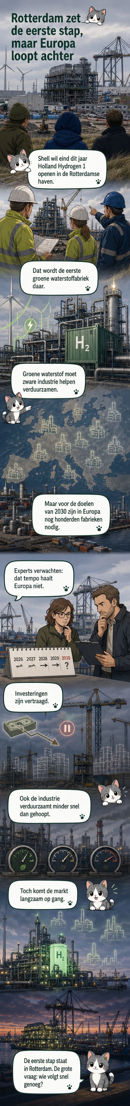 Een industriële waterstoffabriek in de Rotterdamse haven met masten en leidingen, schematisch weergegeven in een webtoonstijl met blauwe en groene tinten voor duurzaamheid.