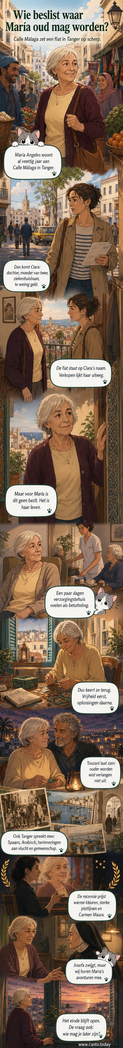 Poster van de film 'Calle Málaga' met twee vrouwen tegen een zonnige gevel in Tanger, omringd door warme kleuren en Spaanse en Arabische tekens.