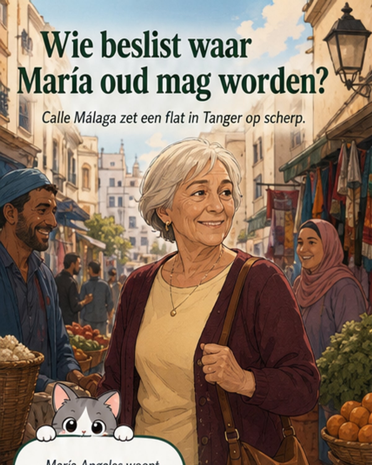 Poster van de film 'Calle Málaga' met twee vrouwen tegen een zonnige gevel in Tanger, omringd door warme kleuren en Spaanse en Arabische tekens.