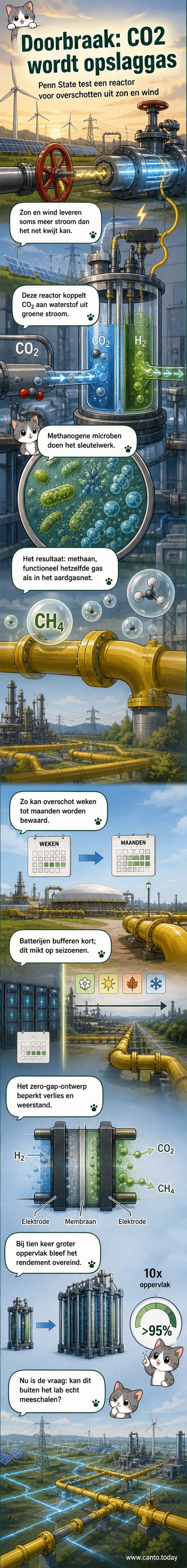 Binnenaanzicht van een laboratoriumreactor waarin CO₂ en groene elektriciteit worden omgezet in methaangas via micro-organismen.
