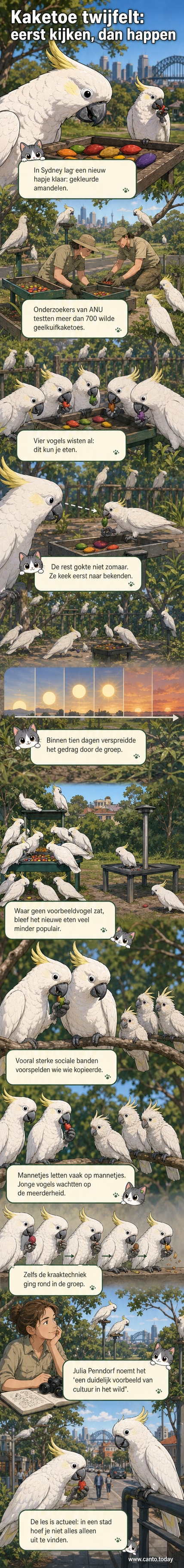 Een geelkuifkaketoe kijkt aandachtig naar een andere vogel die een gekleurde amandel eet bij een voederstation in de stad.
