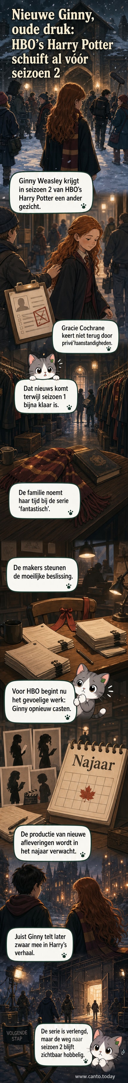 Illustratie van een jonge actrice met rode vlechten, symboliserend de rol van Ginny Weasley, met een 'HBO Harry Potter' logo op de achtergrond.