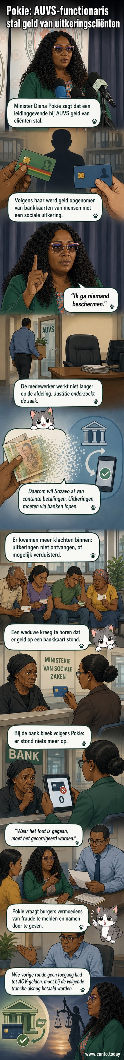 Illustratie van een minister die een bankpas overhandigt aan een verdere figuur, met een teleurgestelde vrouw op de achtergrond en een lege portemonnee op de grond.