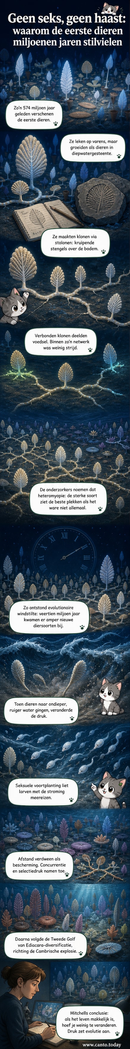 Illustratie van vroeg-Ediacara-dieren als varensachtige organismen op de zeebodem, verbonden via stolonen, in een donkere diepzeeomgeving.