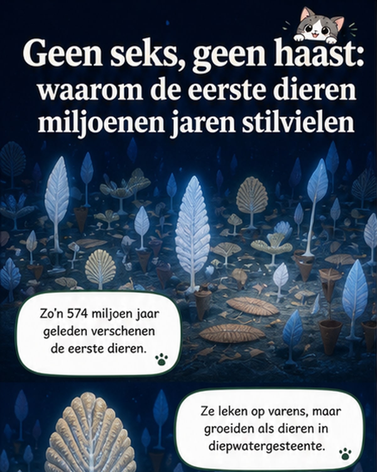 Illustratie van vroeg-Ediacara-dieren als varensachtige organismen op de zeebodem, verbonden via stolonen, in een donkere diepzeeomgeving.