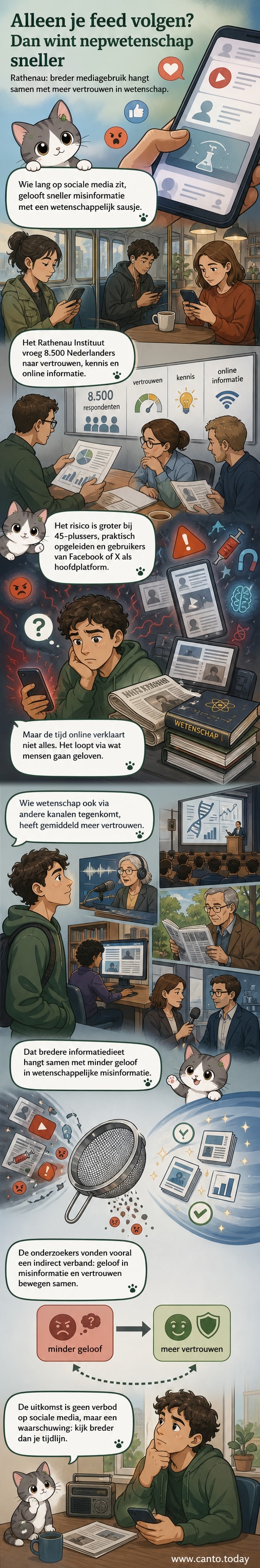 Illustratie van een persoon die kijkt naar een smartphone met sociale media, terwijl er vanaf een boek en nieuwswebsite een lichtstraal uitgaat naar een telescoop en molecuulstructuur, symbool voor breedere wetenschappelijke kennis.