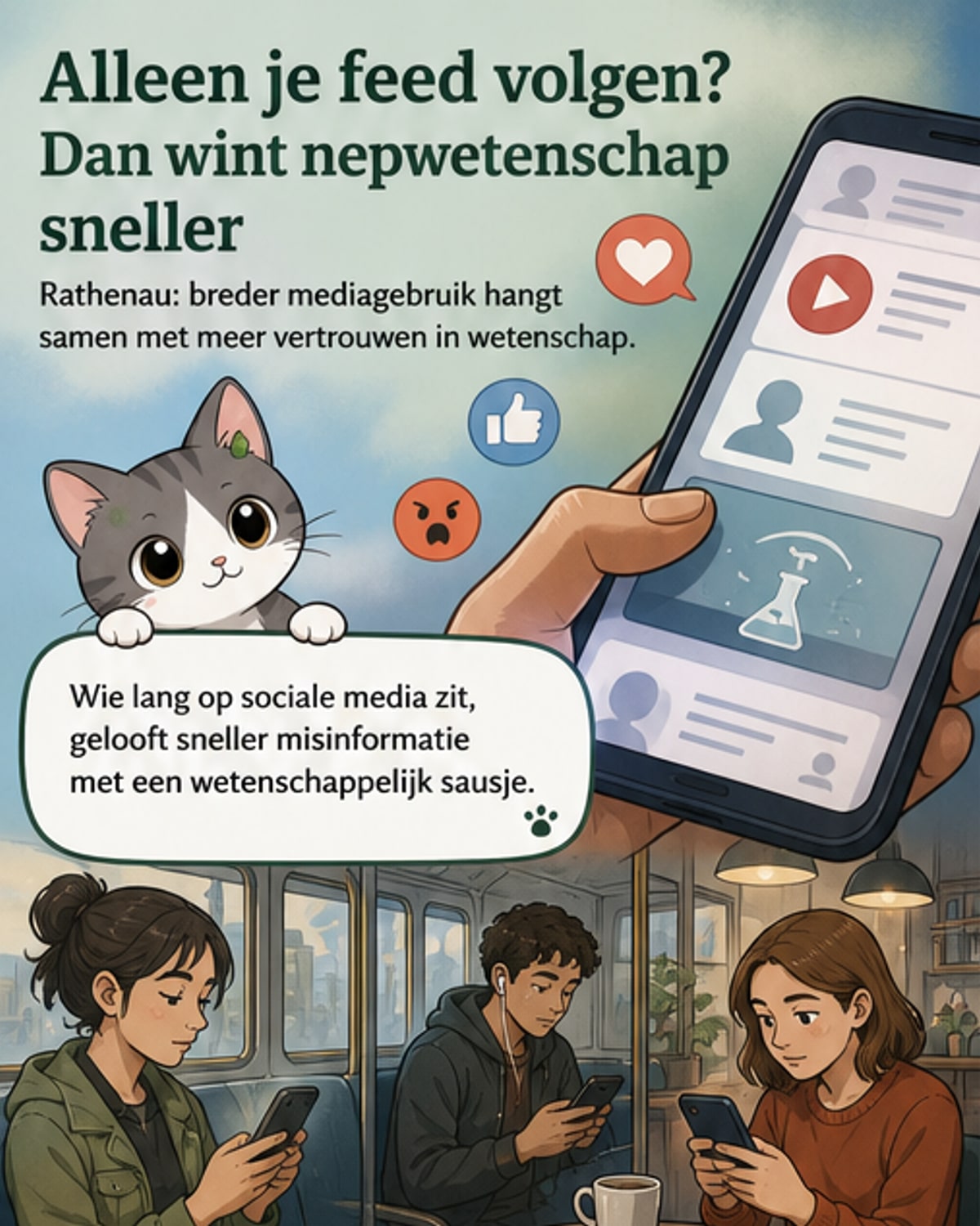 Illustratie van een persoon die kijkt naar een smartphone met sociale media, terwijl er vanaf een boek en nieuwswebsite een lichtstraal uitgaat naar een telescoop en molecuulstructuur, symbool voor breedere wetenschappelijke kennis.