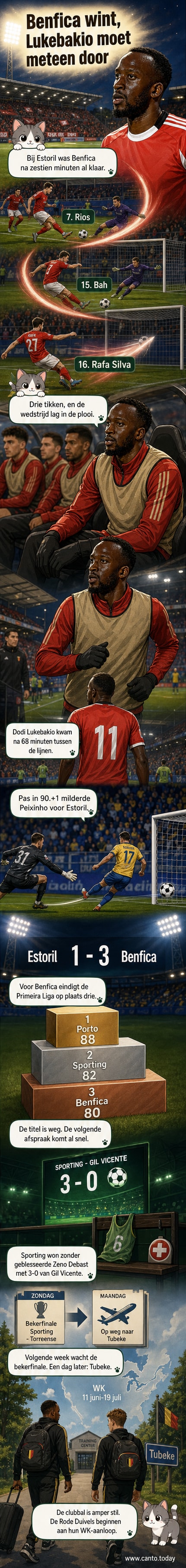 Voetballer Dodi Lukebakio speelt zijn laatste wedstrijd van het seizoen voor Benfica in een uitwedstrijd tegen Estoril, met op de achtergrond het stadion en supporters.