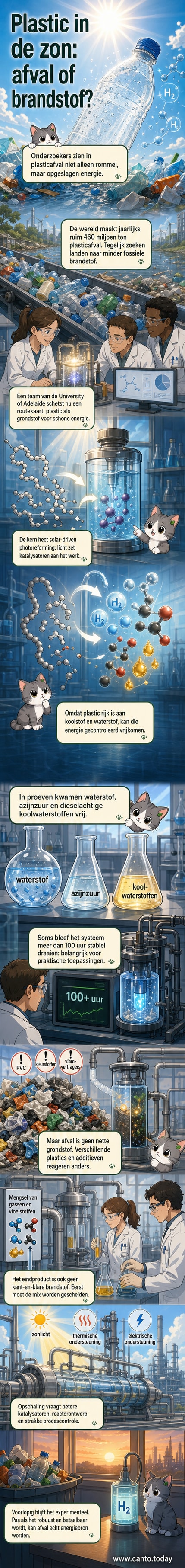 Een illustratie van zonlicht dat op een hoop plasticafval schijnt, waarbij pijlen aangeven hoe het plastic wordt omgezet in waterstof en andere brandstoffen via fotokatalytische reacties.