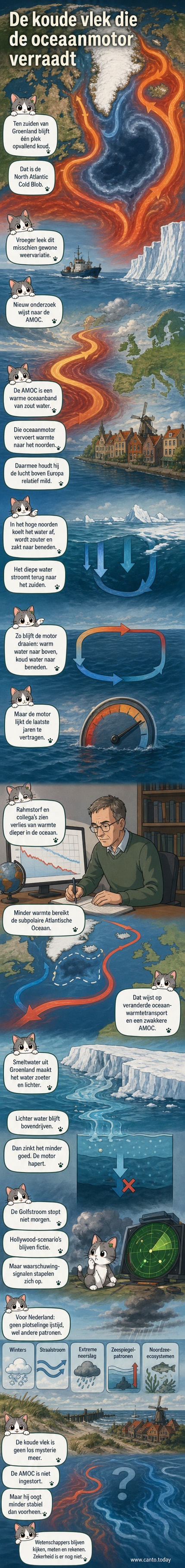 Illustratie van de AMOC met een koude blauwe zone in het noorden van de Atlantische Oceaan, waar warme stromen vanuit de tropen afnemen en het water relatief afkoelt ten opzichte van de rest van de oceaan.