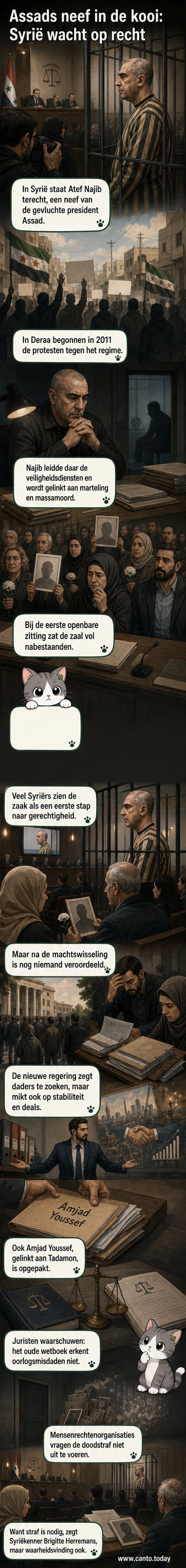Een man in een gestreept gevangenispak zit in een kooi in een Syrische rechtbank, omringd door journalisten en nabestaanden.