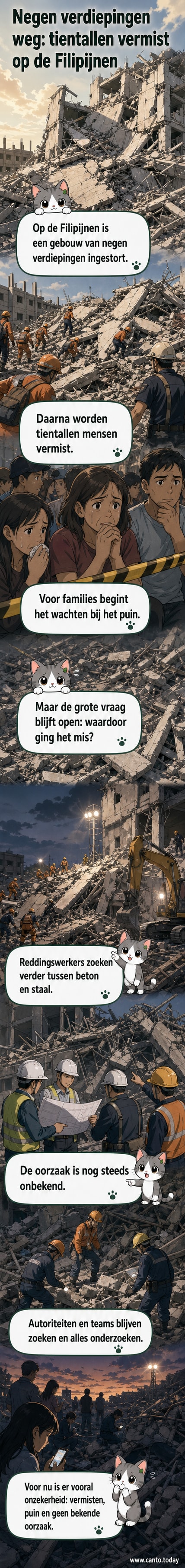 Illustratie van een ingestort gebouw op de Filipijnen, met hulpverleners en puin in het zicht.