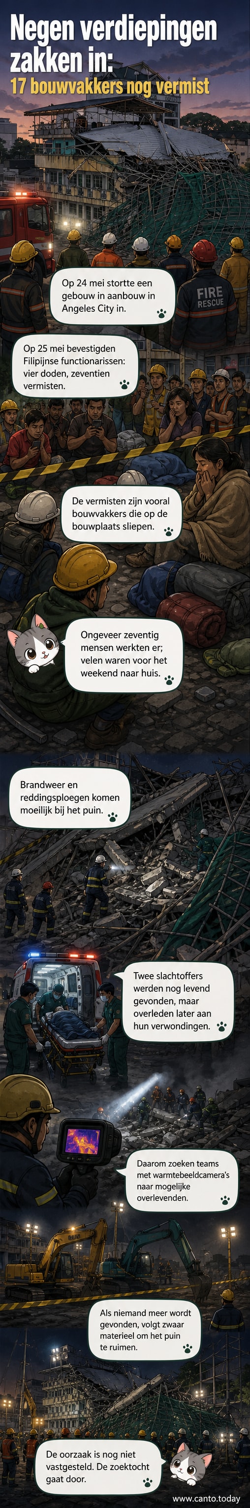 Puin van een ingestort negen verdiepingen tellend gebouw in Angeles City, Filipijnen, met reddingsteams op de achtergrond.