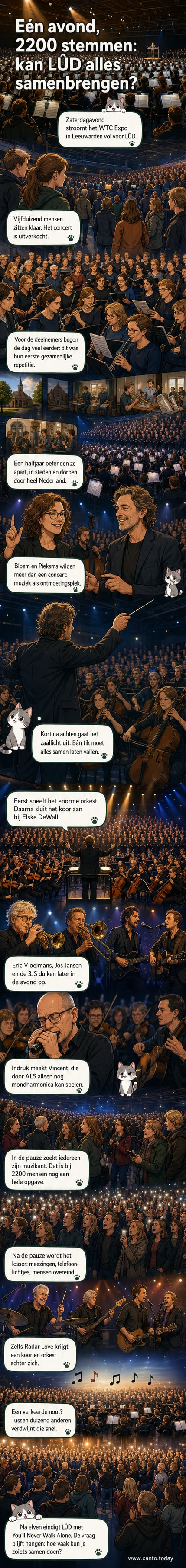 Tribune vol mensen in een grote hal, met een orkest en koor op het podium onder blauw licht, tijdens het LÛD-concert in Leeuwarden.