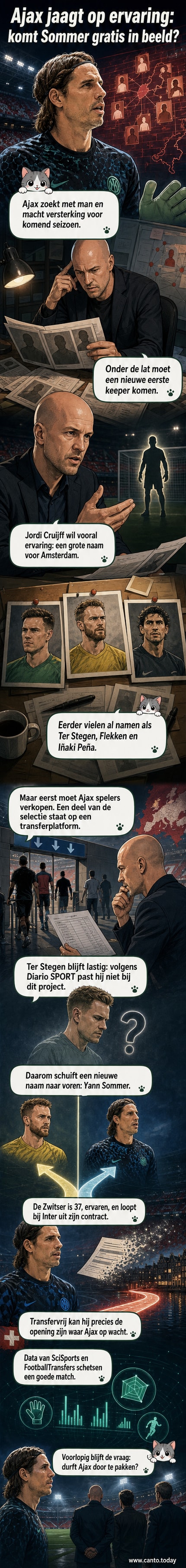 Illustratie van Yann Sommer in Ajax-tenue, met keepershandschoenen en bal, voor een stadion met volle tribunes.