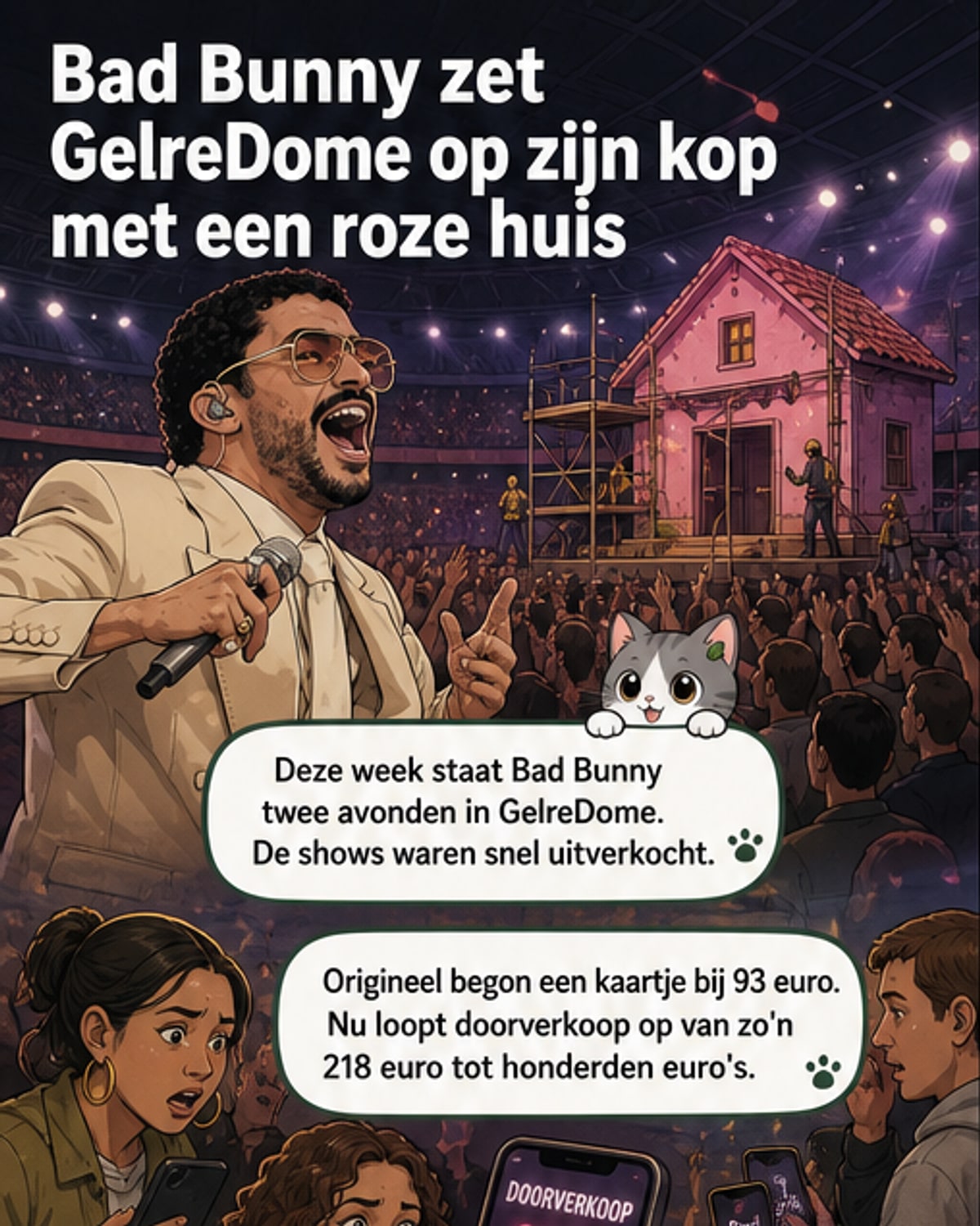 Een roze huis staat midden in het stadion, omgeven door dansende fans tijdens een concert van Bad Bunny in GelreDome.
