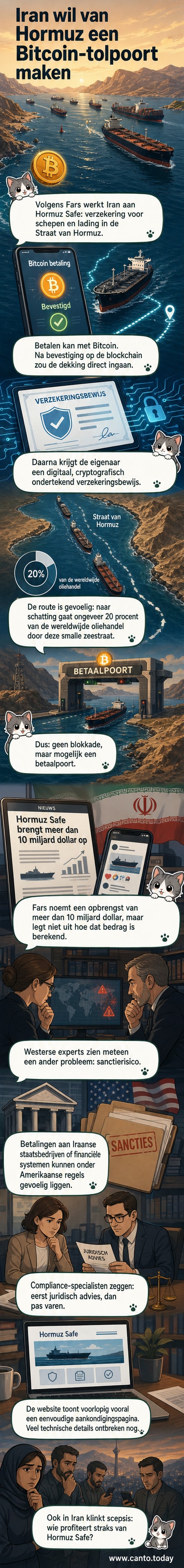 Illustratie van een schip in de Straat van Hormuz met een digitale Bitcoin-verzekeringsbevestiging op een tablet, terwijl Iraanse autoriteiten in de achtergrond toezien.