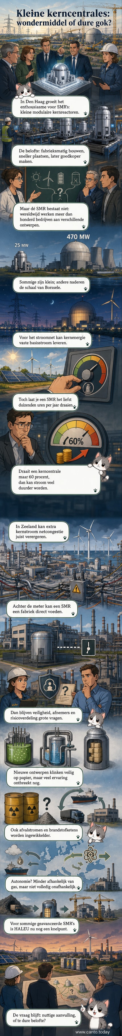 Illustratie van een compacte, modulaire kerncentrale met gesmolten zoutkoeling, geplaatst in een industriegebied, met een contrast tussen hoge verwachtingen en praktische uitdagingen.