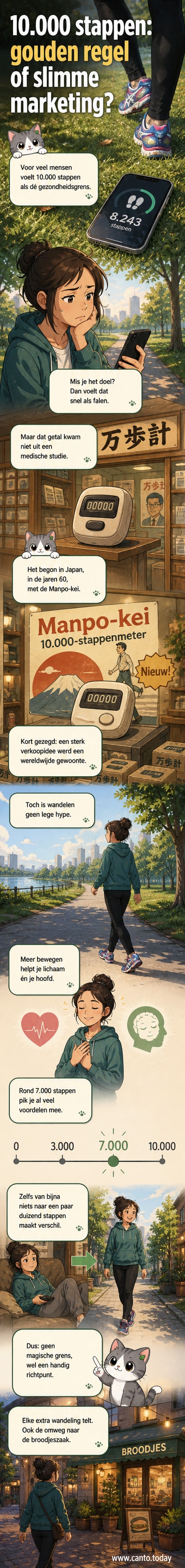 Een persoon loopt door een stad, met een digitale telling van stappen die langzaam naar 10.000 klimt, geïllustreerd in een lichte, informatieve webtoonstijl.