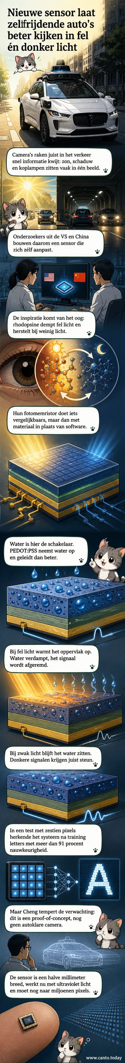 Illustratie van een zelfrijdende auto met een sensor die lijkt op een oog, waarin licht en schaduw worden verwerkt via een watergebaseerd systeem.