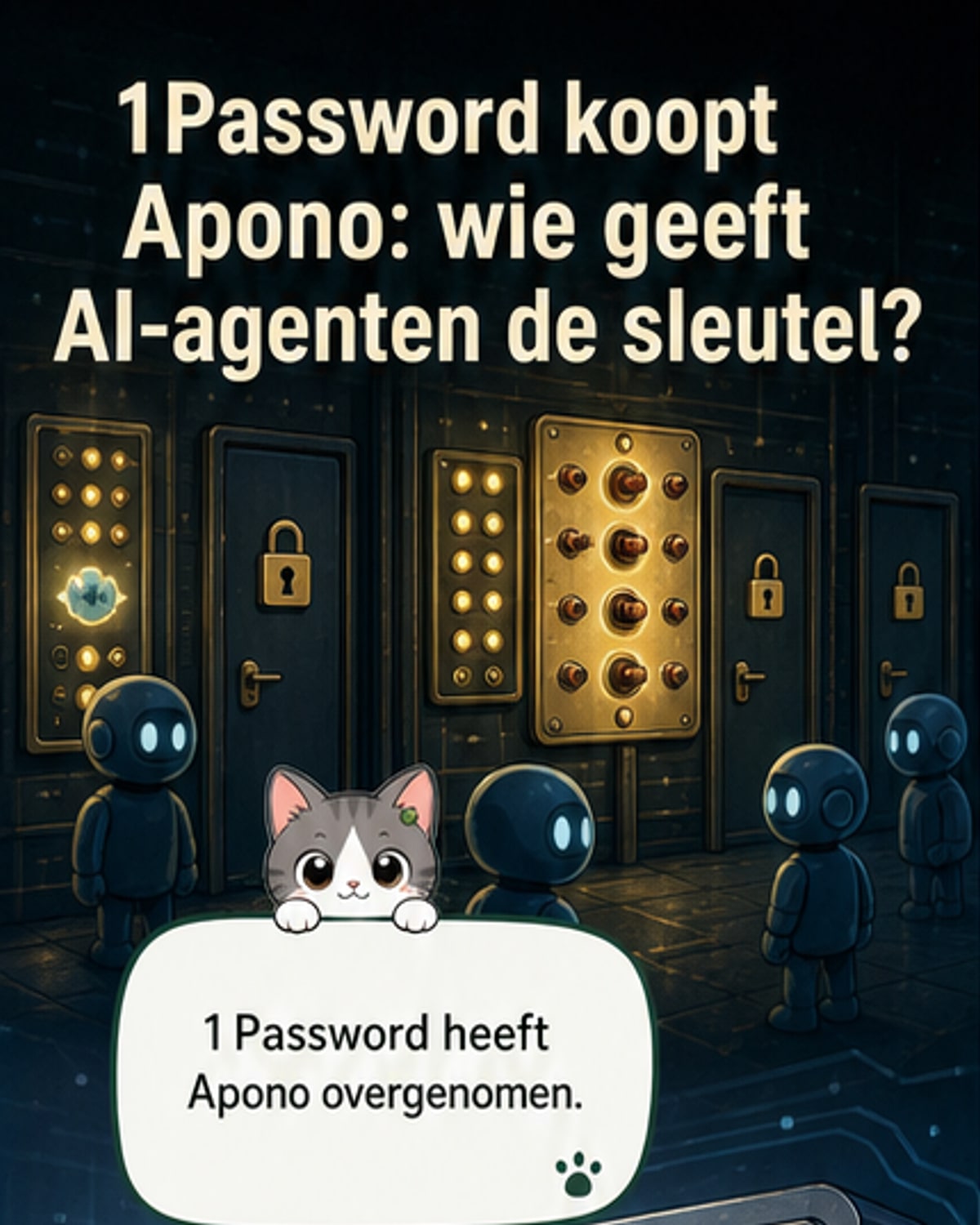Illustratie van een sleutel en een AI-robot die samen een beveiligingsdeur openen, met het logo van 1Password en Apono.