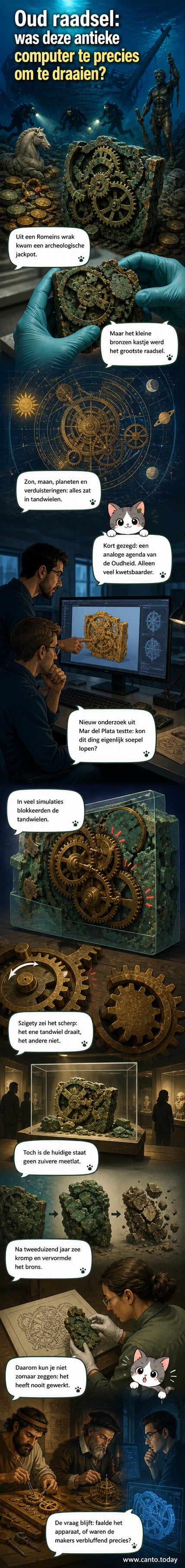 Illustratie van het Antikythera-mechanisme: een oud bronzen apparaat vol tandwielen, halfverwoest door tijd en zee, met een schematische weergave van de interne werking.