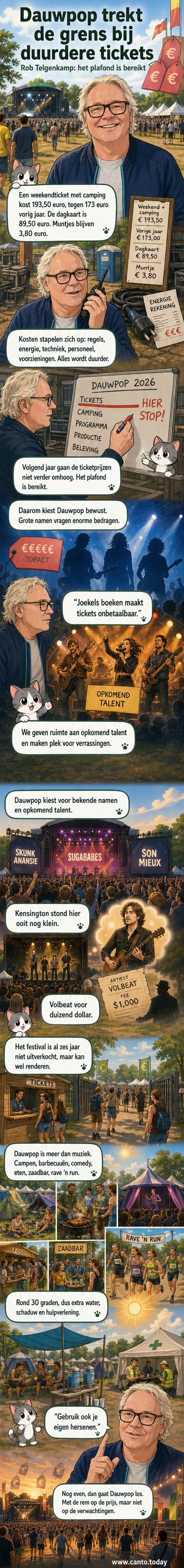 Festivalterrein van Dauwpop in de bossen van Hellendoorn, met bonte tenten, mensen in feeststemming en een podium met band.