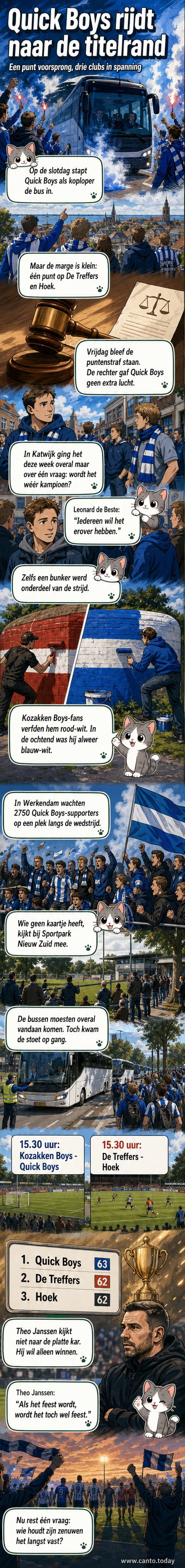 Spelersbus van Quick Boys vertrekt onder blauw-witte vlaggen naar Werkendam voor de kampioenswedstrijd tegen Kozakken Boys.