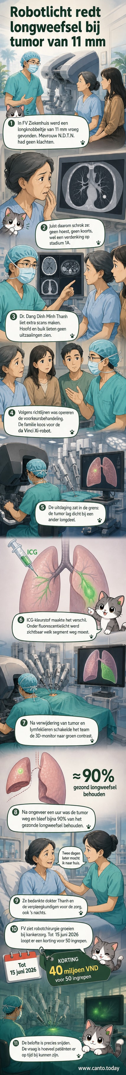 Chirurg bedient de da Vinci Xi-robotarmen tijdens een longoperatie, met een 3D-scherm dat het fluorescerende weefsel in groen toont.