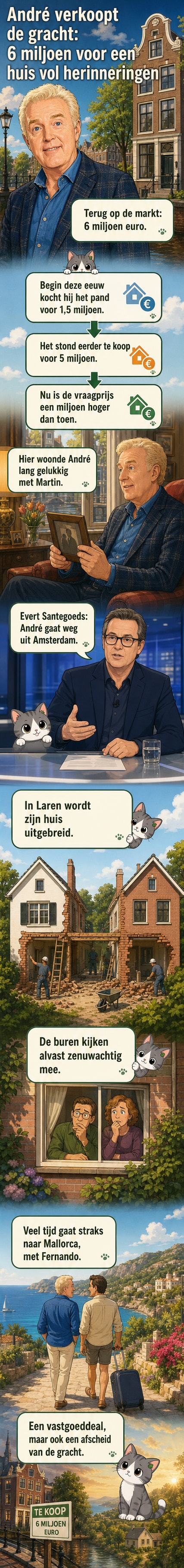 Illustratie van André van Duin voor een klassiek Amsterdamse grachtenhuis met een verhuiswagen ervoor en een bord 'te koop' in de tuin.