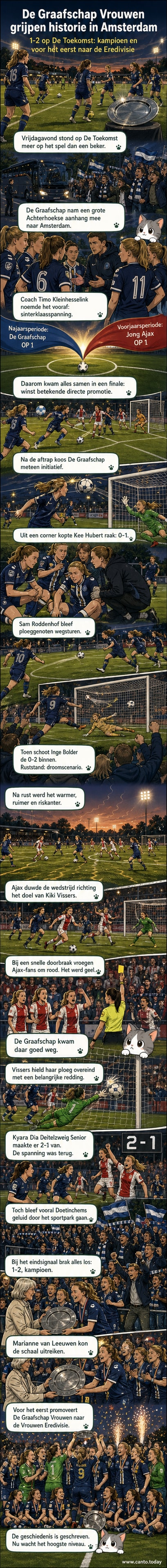 Vrouwen van De Graafschap vieren hun 2-1 overwinning op Jong Ajax op Sportpark De Toekomst, met fans die uitbundig juichen in de tribunes.