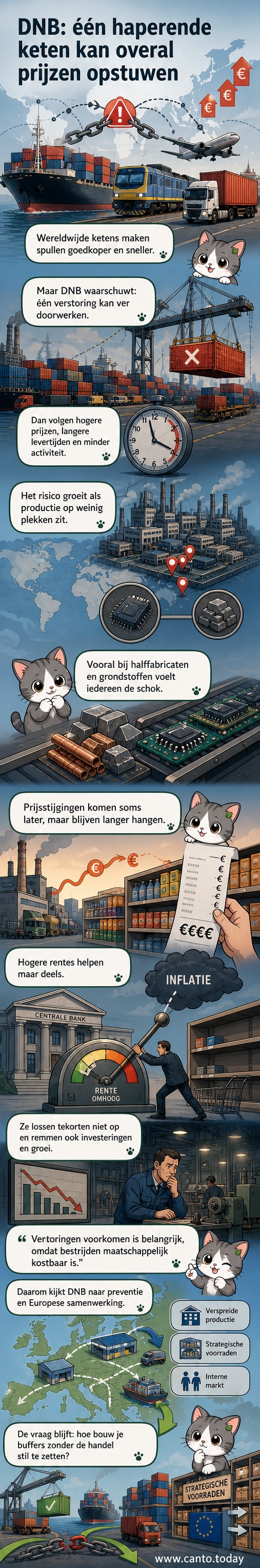 Illustratie van een onderbroken wereldwijde toeleveringsketen met containerschepen, fabrieken en prijslabels die omhooggaan.