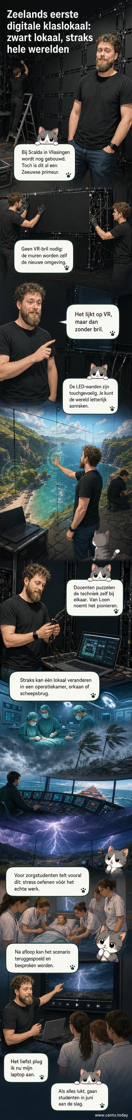 Een bijna volledig zwarte klaslokaal met technici die zwarte ledpanelen aan de wanden bevestigen, onder leiding van docenten van Scalda in Vlissingen.