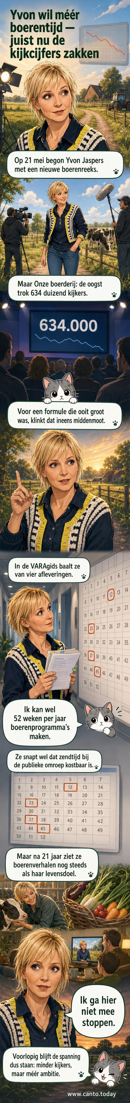 Yvon Jaspers in een weiland met een hooivork, kijkt glimlachend naar de camera, typisch boerenprogramma-esthetiek.
