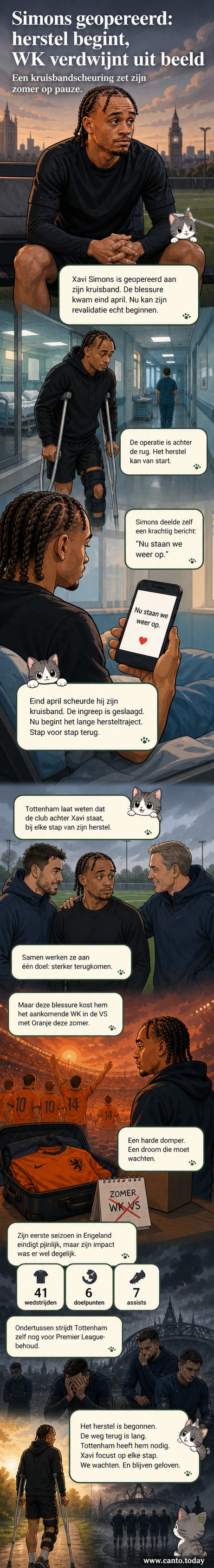 Voetballer Simons in Tottenham-tenue, knielt op het veld met handen op knie, omringd door medische staf.