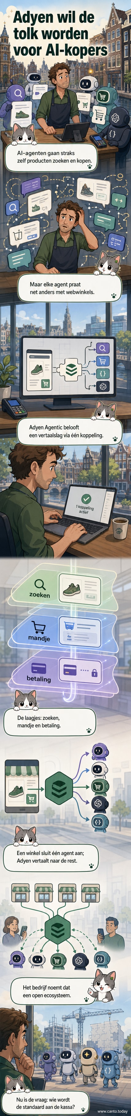 Illustratie van een centrale Adyen-knoop die verschillende AI-handelsagenten met elkaar verbindt via uniforme datastromen.
