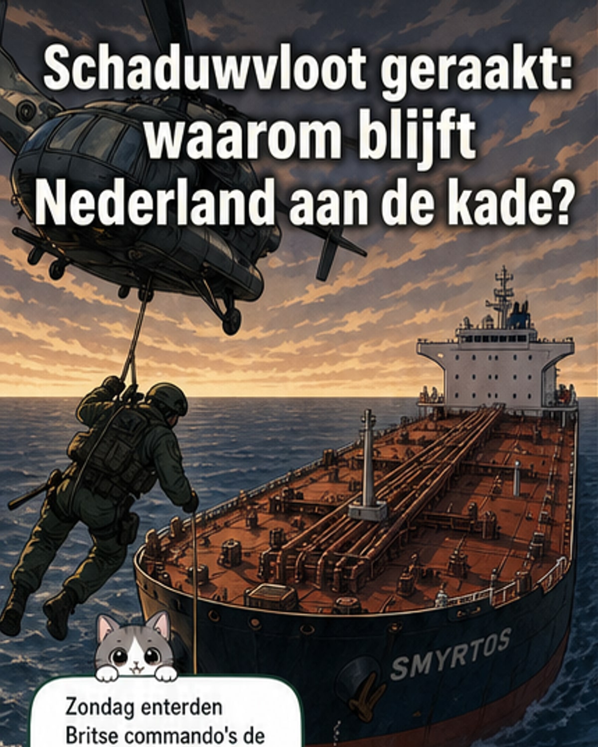 Een olietanker op zee met een Britse commando-entering, terwijl in de verte Nederlandse beleidsmakers overleggen bij een kaart van Europa.