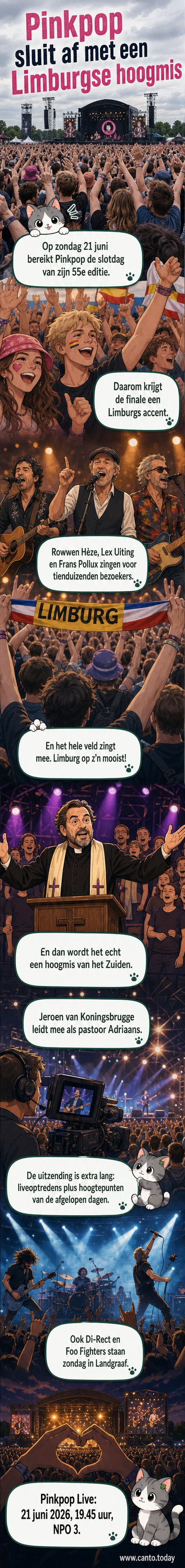 Groep Limburgse artiesten, waaronder Rowwen Hèze, op het Pinkpop-podium tijdens een emotionele afsluiting van het festival.