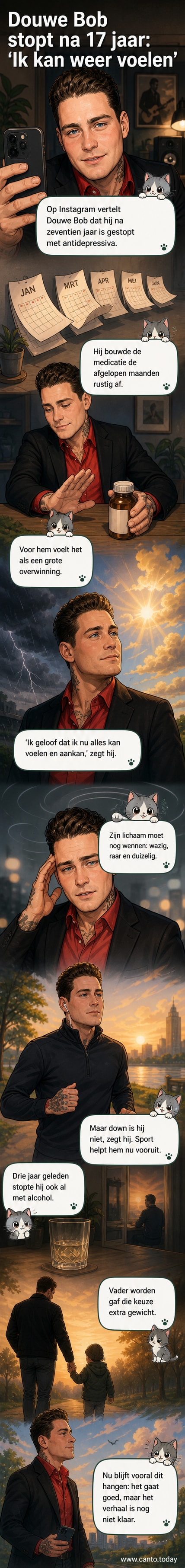 Douwe Bob glimlacht in een informele Instagram-stijl video, met een openhartige uitdrukking, terwijl hij praat over zijn ervaring met antidepressiva.