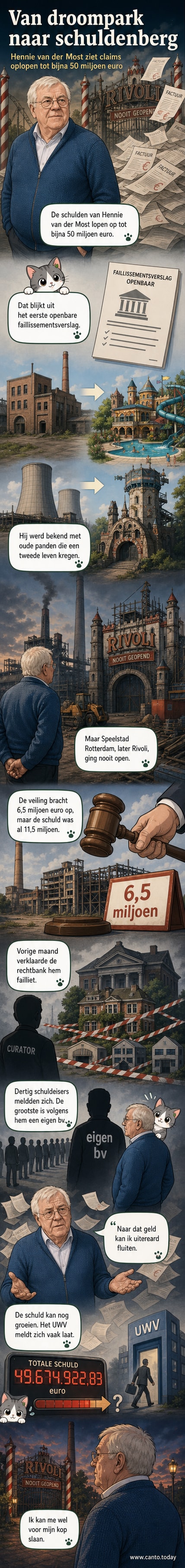 Een oude industriële hal in Rotterdam, ooit bedoeld als pretpark Rivoli, nu verlaten en omgeven door hekken, met daarachter een portret van zakenman Hennie van der Most.