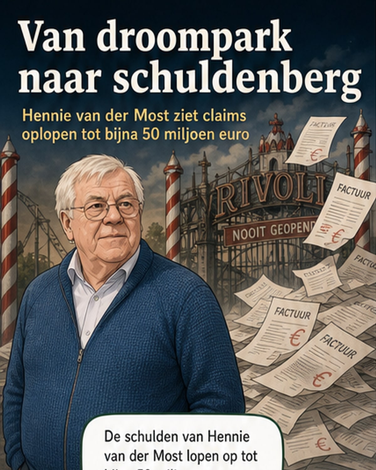 Een oude industriële hal in Rotterdam, ooit bedoeld als pretpark Rivoli, nu verlaten en omgeven door hekken, met daarachter een portret van zakenman Hennie van der Most.