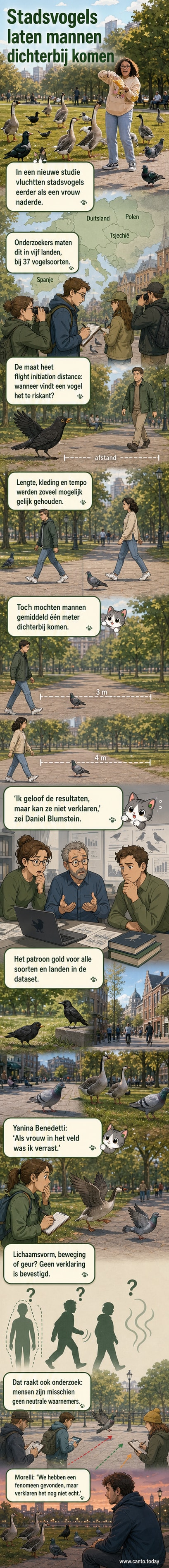 Een straatbeeld met een vrouw die naderbij loopt, terwijl vogels vlak voor haar opvliegen; in de verte een man die rustig wordt benaderd door duiven.