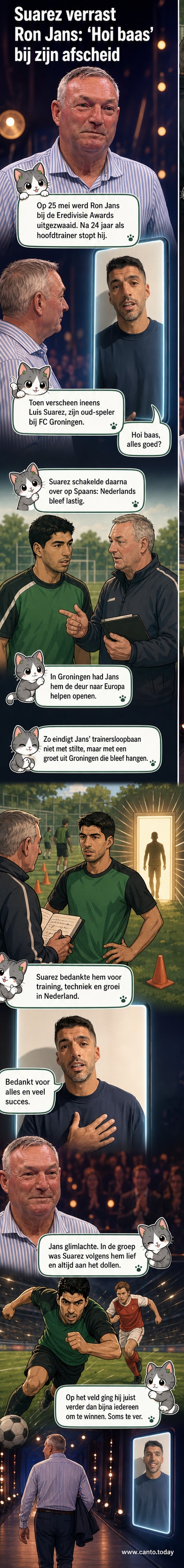 Ron Jans glimlacht tijdens de Eredivisie Awards terwijl hij een videoboodschap van Luis Suárez bekijkt op een groot scherm.