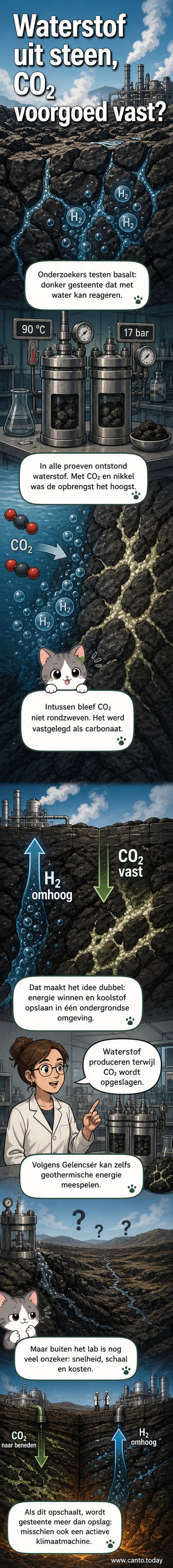 Illustratie van een laboratoriumreactor waarin basalt met water en CO₂ reageert, met pijlen die waterstofgas weergeven en CO₂ die in steen wordt opgeslagen.