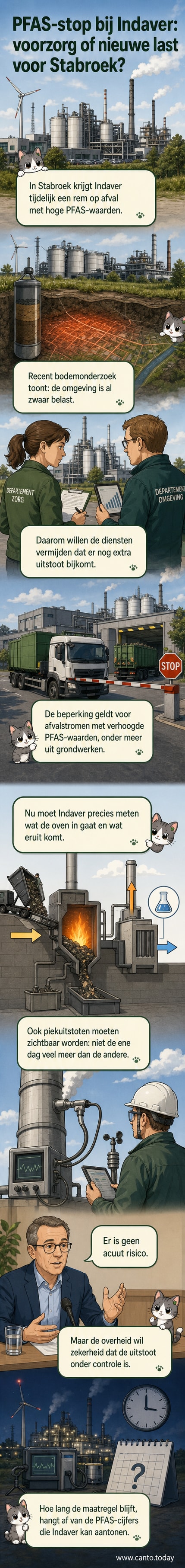 Illustratie van een verbrandingsoven met waarschuwingstekens voor PFAS, omgeven door vervuilde bodem en meetapparatuur.