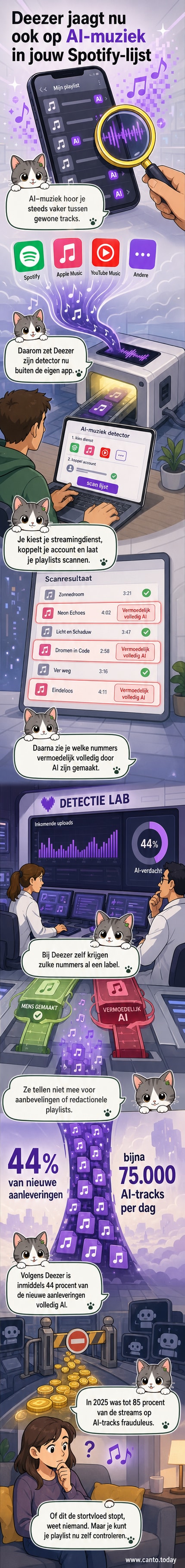 Illustratie van een smartphone met muziekspeler waarop een waarschuwing verschijnt: 'AI-nummer gedetecteerd'. Achtergrond toont geluidsgolven met robotachtige patronen.