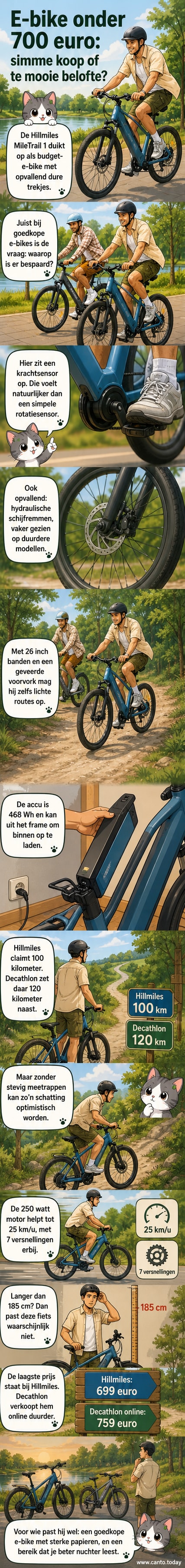 Een moderne e-bike in blauw en grijs met dikke mountainbikebanden, hydraulische schijfremmen en een ingebouwde accu, afgebeeld op een fietspad tussen groen.